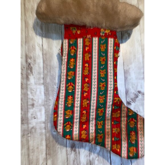 Vintage Handmade Teddy Bear Christmas Hanging Stocking w/ Festive Pattern & Bow - Picture 8 of 11